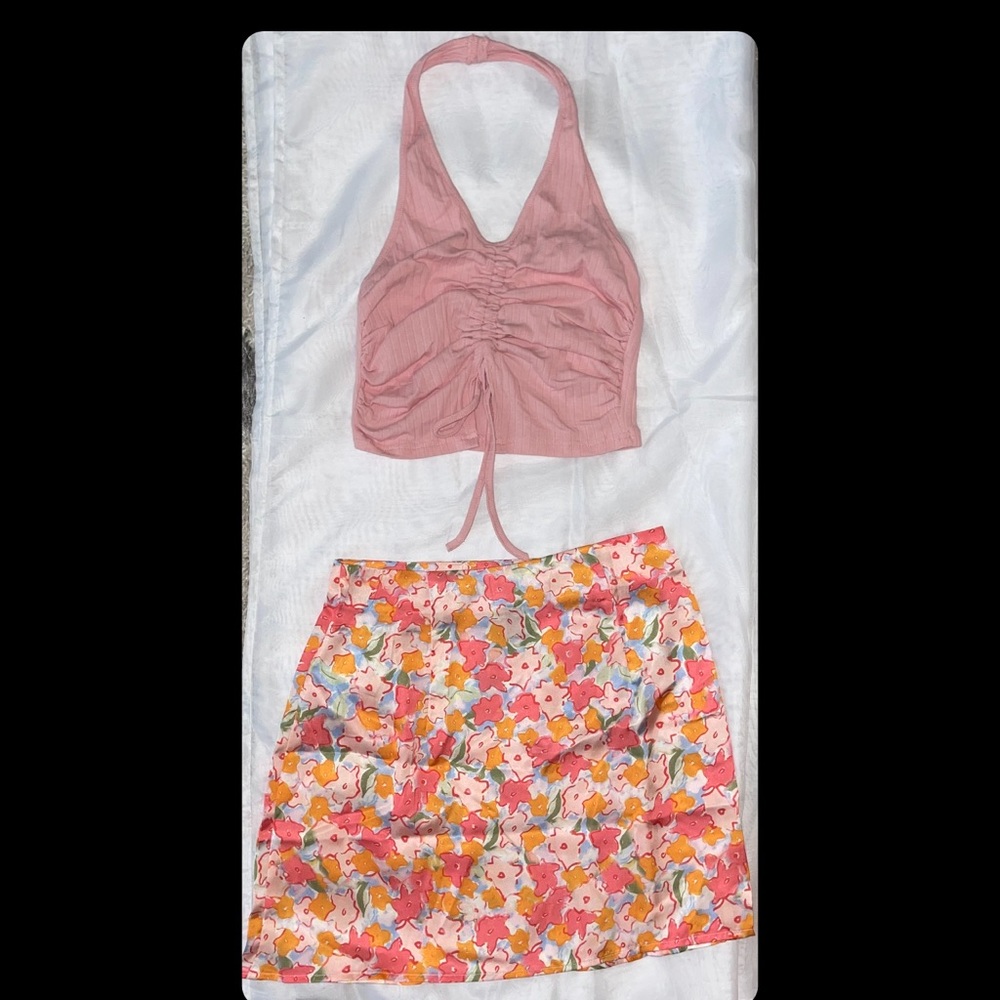shein drawstring backless halter & allover floral print skirt